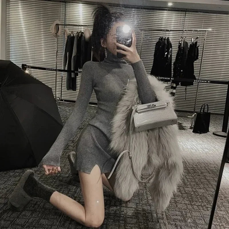 Dresses for Women Short Turtleneck Extreme Mini Sexy Daring Clothes Woman Dress Knitted Bodycon Grey Crochet Split Korean Style