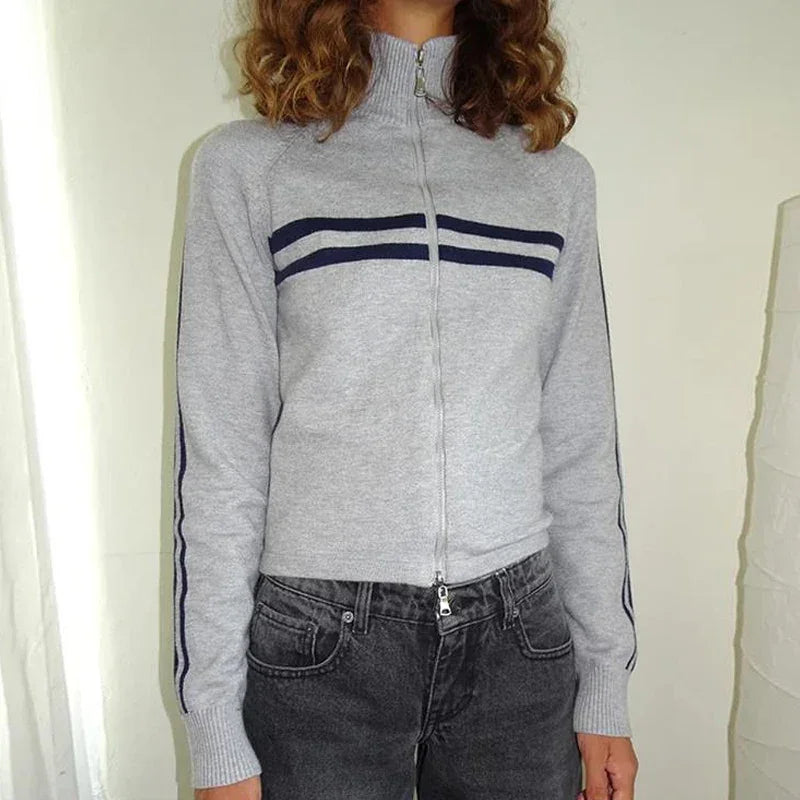 Women Workout Knitted Biker Jacket Vintage Striped Print Casual Long Sleeve Zip up Sweater for Outwear Cardigan Y2k Streetwear