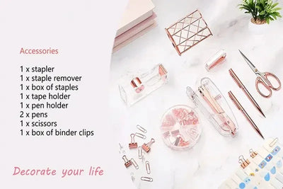 Complete Office Supplies Set -Acrylic Stapler Tape Holder Pen Holder Ballpoint Pens Scissors Binder Paper Clip Staples