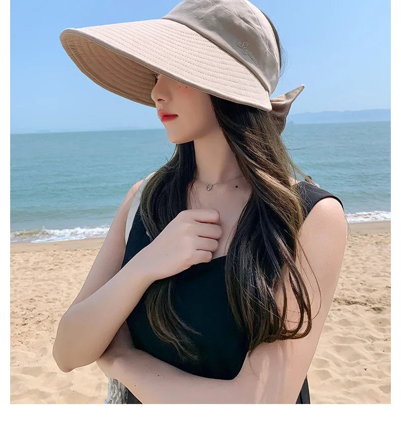 COKK Summer Hat Women Empty Top Foldable Sunhat Sunscreen Hats For Women Solid Color With Bow Ladies Hats Beach Cap Sun Hat