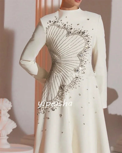 Customized Prom Gown Sequined Flower Beading Ruched Celebrity A-line High Collar High Quality Occasion Gown Dresses for Women