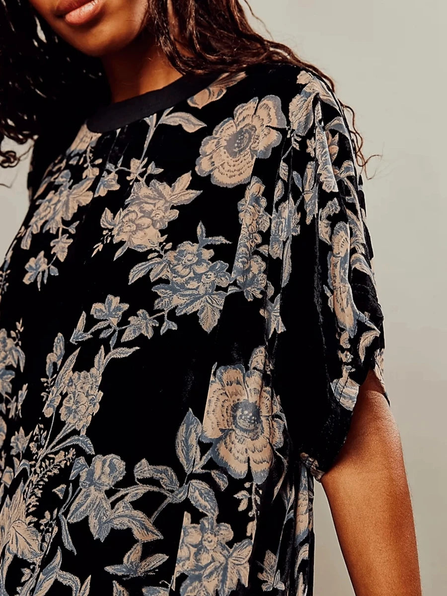 Women Velvet Dress Summer Casual Loose Long Sleeve Crew Neck Flower Mini Dress Lady Female Short Dress