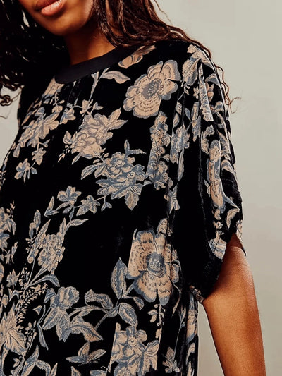 Women Velvet Dress Summer Casual Loose Long Sleeve Crew Neck Flower Mini Dress Lady Female Short Dress