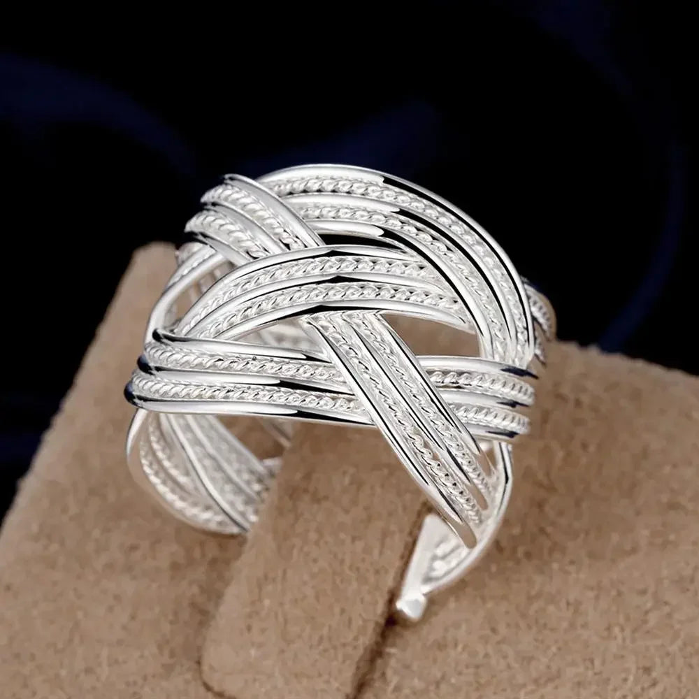 925 Sterling Silver Rings Bracelets Jewelry Set Fine Wide Weave Bangle Adjustable Size Ethnic Style Fashion Party Holiday Gifts