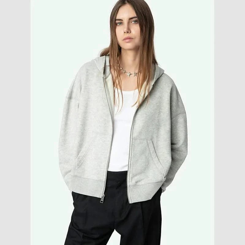 Zipper Sweatshirt Grey Cardigan Hooded Women