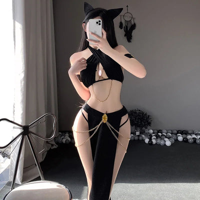 Cat Cosplay Costumes Black Halter Hollow Top with Long Skirt Golden Chain Set Babydoll Women Sexy Lingerie Erotic Costume