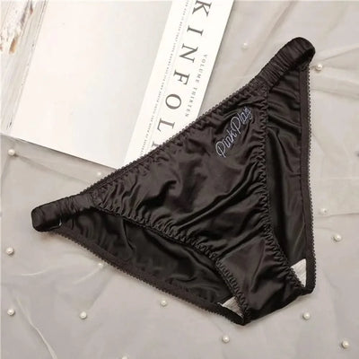 Sexy Girl Thongs Women Glossy Underwear Panty Low Waist Solid Color Satin Fabric Briefs Embroidery Fitness Yoga Underpants