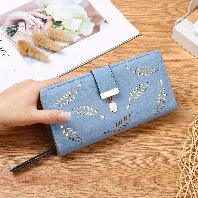 Elegant Women's Wallet With Hollowed-Out Leaf Design, Bifold Long Zippered Clutch, PU Leather Mobile Phone Bag Card Coin Purse
