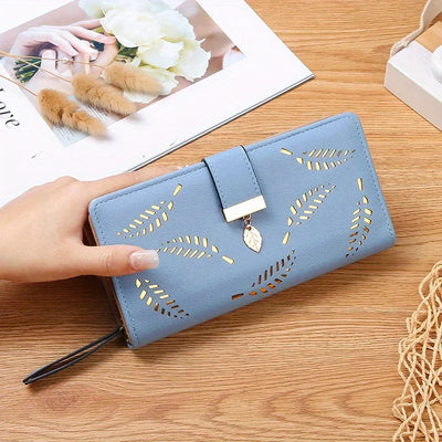 Elegant Women's Wallet With Hollowed-Out Leaf Design, Bifold Long Zippered Clutch, PU Leather Mobile Phone Bag Card Coin Purse