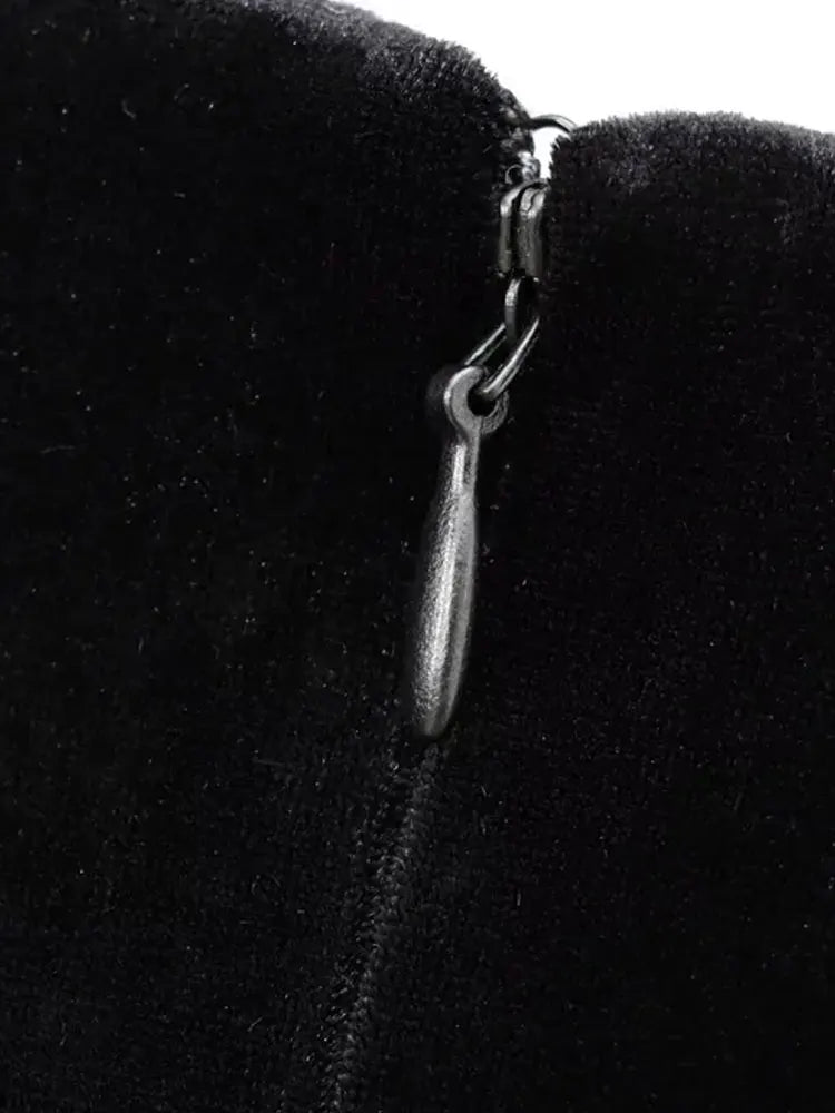 Women's Draped Velvet Midi Dress with Buttons, V Neck, Sleeveless, Female Dresses, Chic Fashion