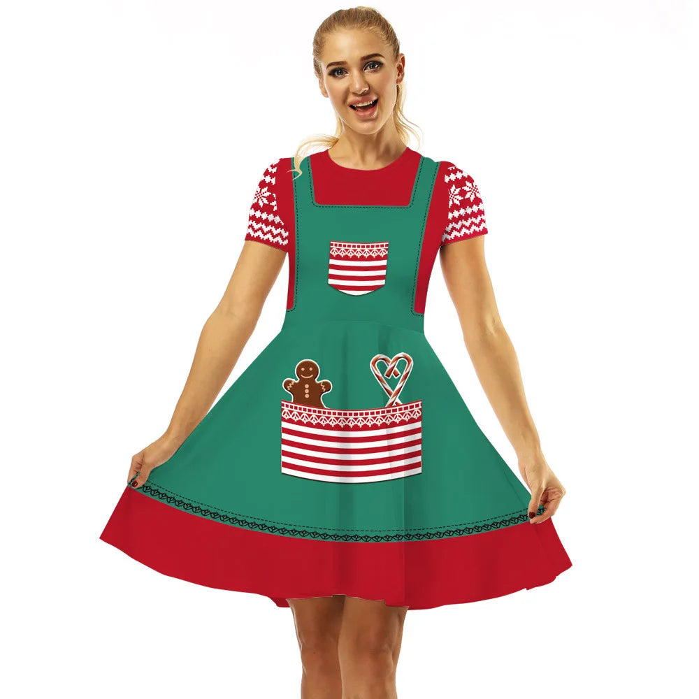 Merry Christmas Women Dress Graphics Stripe Christmas Elf Printed Dress Disguise Adult Xmas Cosplay Costume Holiday Party Wear