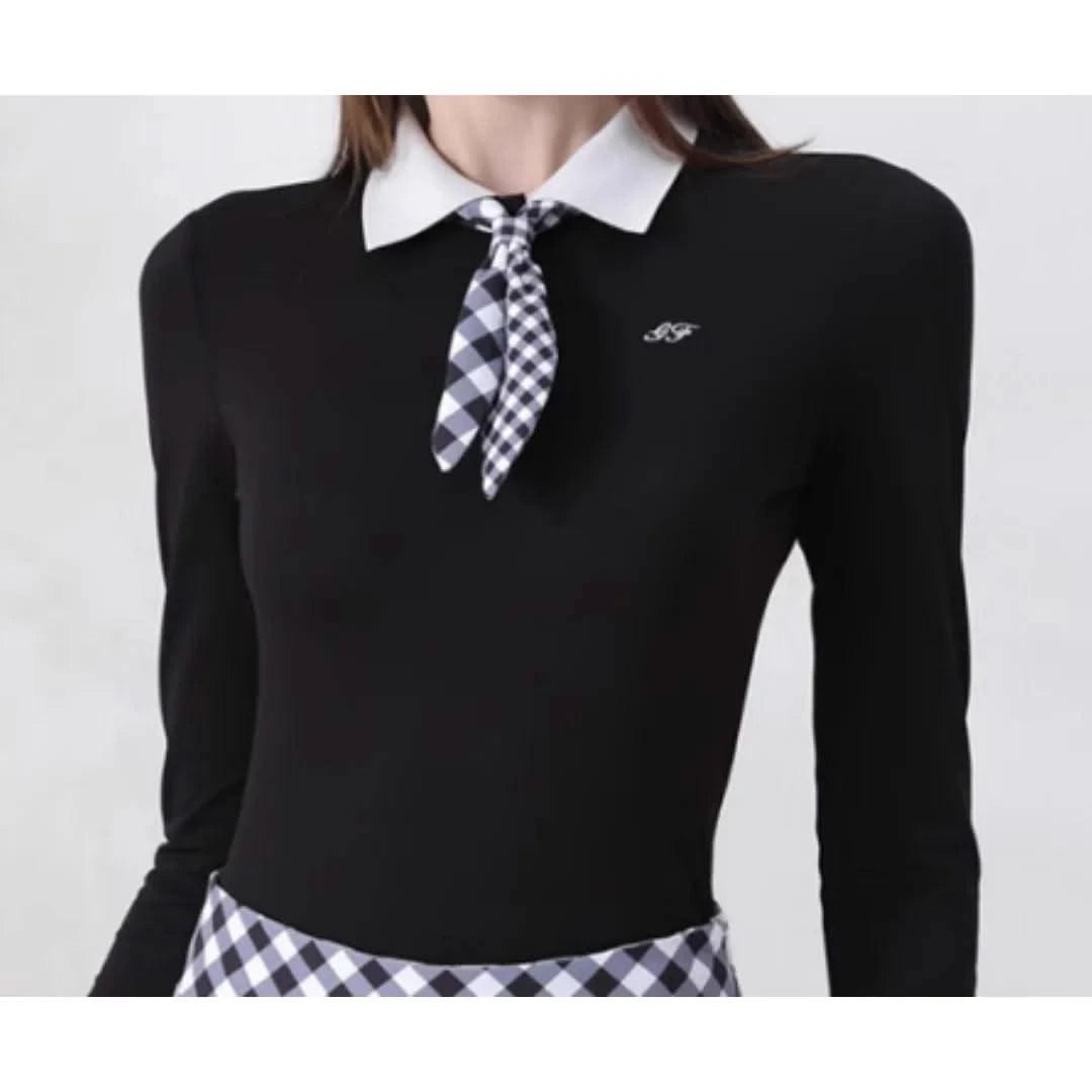 Women's Golfwear for  Slim-Fit Long-Sleeve Top with Polo Collar and Bow Tie, High-End Golf Hundred-Pleat Skirt Suit