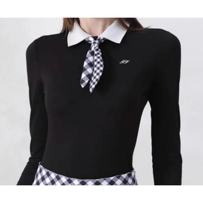 Women's Golfwear for  Slim-Fit Long-Sleeve Top with Polo Collar and Bow Tie, High-End Golf Hundred-Pleat Skirt Suit