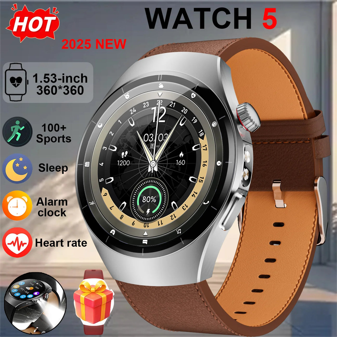 Smart Watch5 1.53-inch HD Display LED Lighting IP68 Waterproof Music Playback Weather Health Assistant AI Voice 100+ Sports Mode