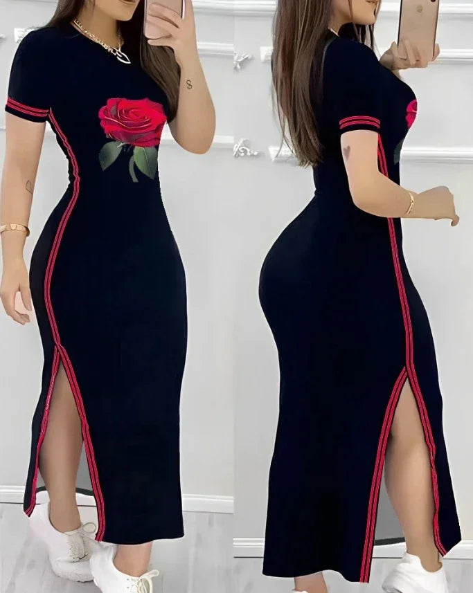 Dresses Women Summer 2024 Elegant Slimming Sexy Rose Printed Side Striped Split High Waist Short Sleeve Casual Midi Long Dresses