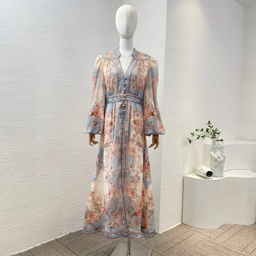 New High Quality Linen Elegant Long Lantern Sleeve Floral Print Waist Women Re-tro Midi Dress