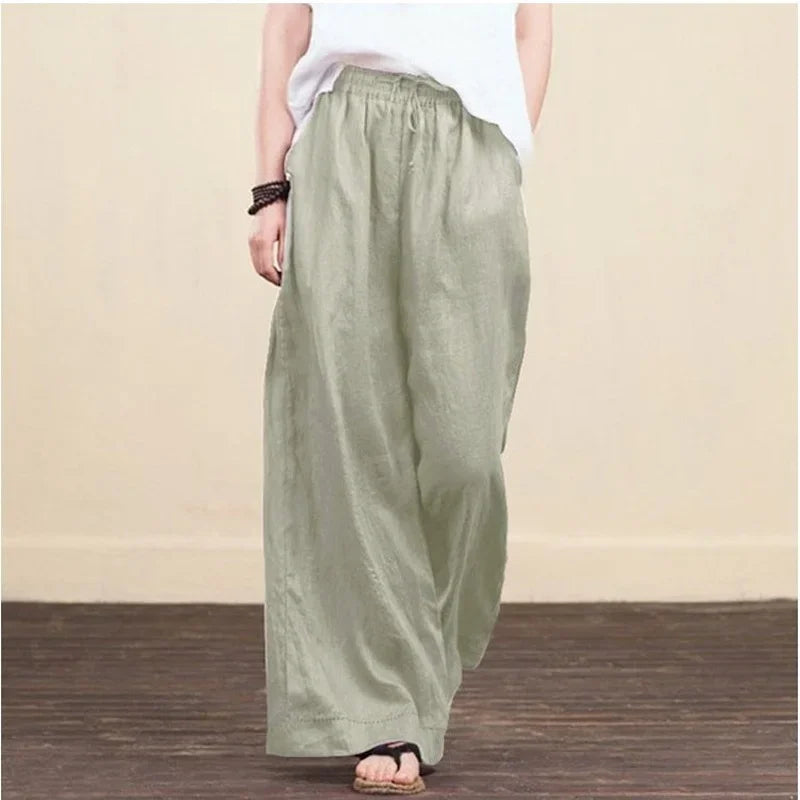 Women Wide Leg Pants Solid Loose Length Pants Cotton Linen Elastic Waist Casual Pants Vintage Mid Waist Pants 5XL