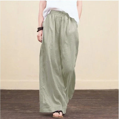 Women Wide Leg Pants Solid Loose Length Pants Cotton Linen Elastic Waist Casual Pants Vintage Mid Waist Pants 5XL