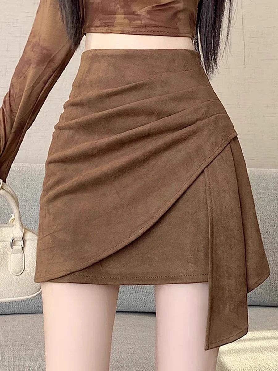 Unique Asymmetrical Suede Skirts for Women retro-style Pencil Skirt Ankle Boots Skirt for Fall Winter, chic outfit