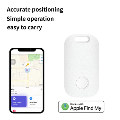 White rectangular Apple Find My tracker with rounded edges and central button
