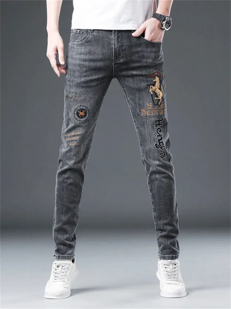Men's Chinese Dragon Embroidery Jeans Fashion Kylin Embroidered Slim Pencil Pants Stretch Denim Trousers jeans for men pants