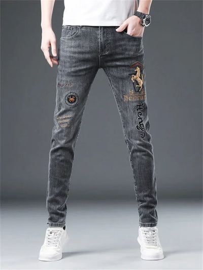 Men's Chinese Dragon Embroidery Jeans Fashion Kylin Embroidered Slim Pencil Pants Stretch Denim Trousers jeans for men pants