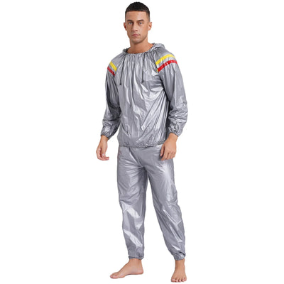 Mens Sauna Sweat Outfit Long Sleeve Hooded Jacket Outerwear and Elastic Waist Long Pants PVC Sweating Suit for Gym Workout