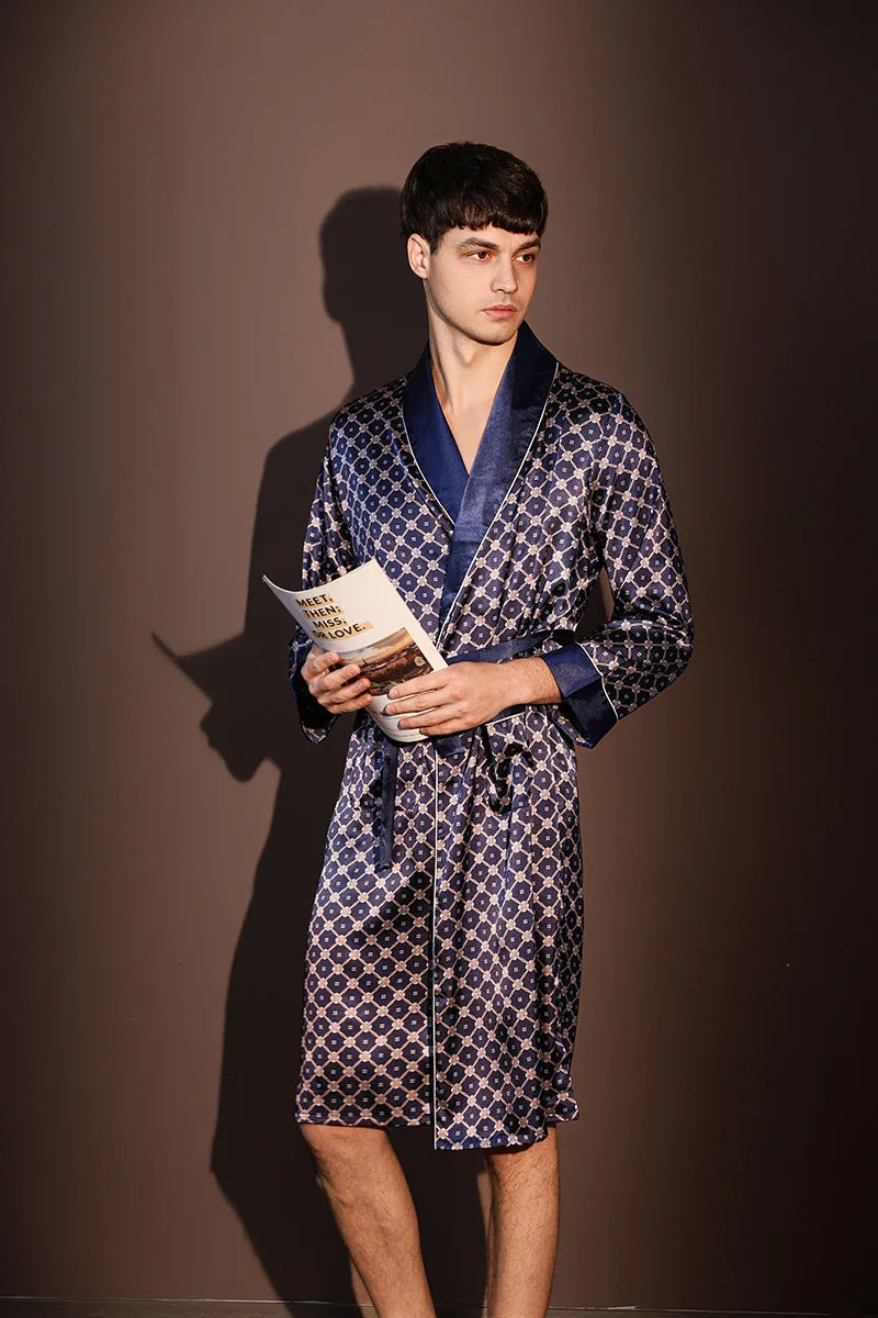 High Quality Nightrobes Men Summer Thin Bathrobe Large Size Ice Silk Printed Pajamas One-piece Robe Male Loungewear Gents Spring