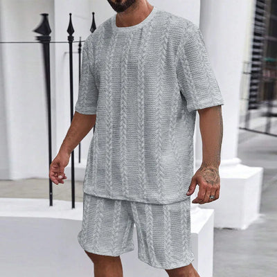 2025 Summer Casual Shorts Sets Knitted Jacquard Two Pieces Men's Tracksuit Solid O-neck Short Sleeve T-shirts+Shorts Streetwear