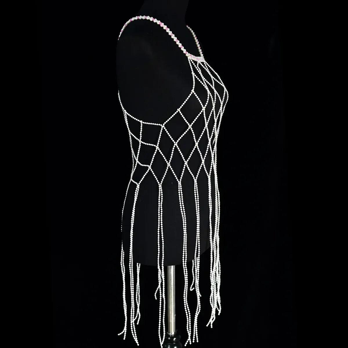 Luxurious a long fringed dress fashion faux pearl women’s body jewelry stage performance outdoor beach party accessories
