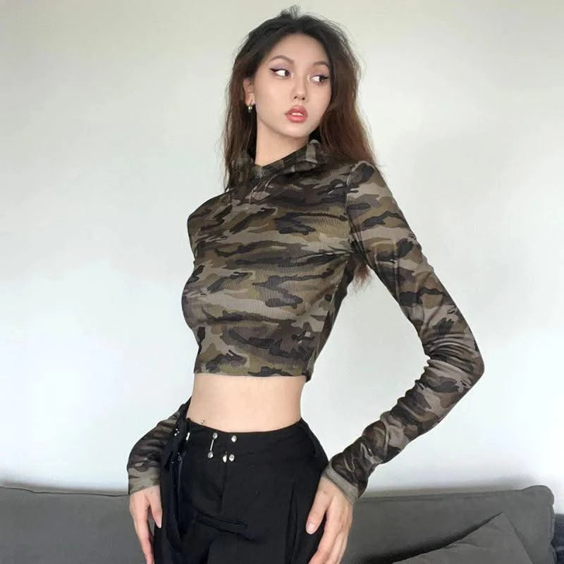 American Camo Streetwear Tops Women Back Hollow Out