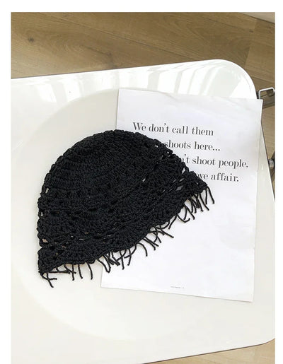 Personalized Beaded Fringed Knitted Beanies for Women Summer Autumn Thin Hollow Versatile Casual Retro Ethnic Style Pullover Hat