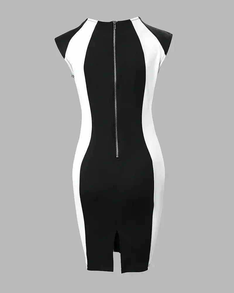 2025 Summer Women's Dresses Fashion Elegant Colorblock Round Neck Sleeveless Casual Bodycon Mini Daily Dress for Female