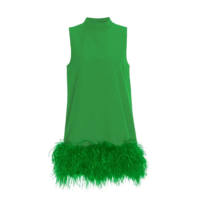 A-line Skirt 2025 Spring New Style Stand-up Collar Sleeveless Solid Color Feather Stitching Dress for Women