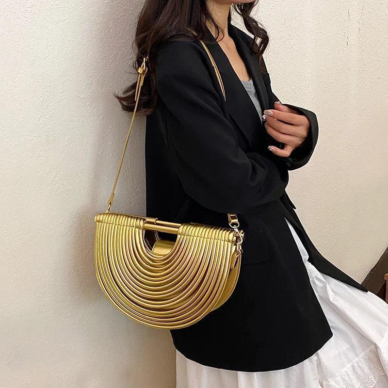 Handbags for women 2025 new gold luxury designer brand handwoven noodle bags rope knotted pulled half moon silver
