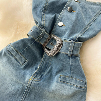 Denim Dress Women Sheath Dresses Vintage Sexy Vestidos Sleeveless Backless Washed Belt Tight Waist Split Sundress Summer 2025