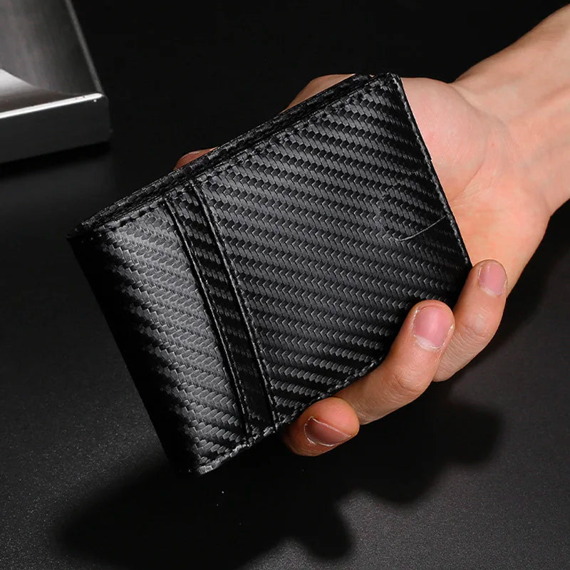 Sleek black carbon fiber wallet with RFID blocking and AirTag pocket