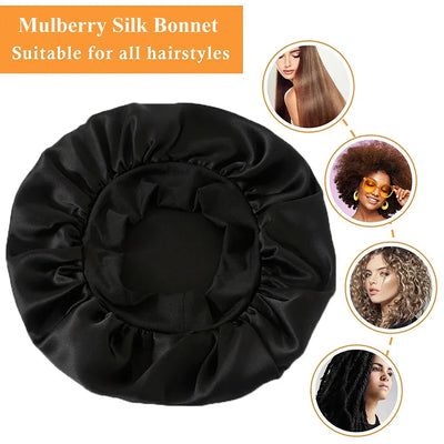 100% Real Mulberry Silk Bonnet for Sleeping Women Large Hair Care Bonnet for Long Curly Hair with Soft Elastic Band