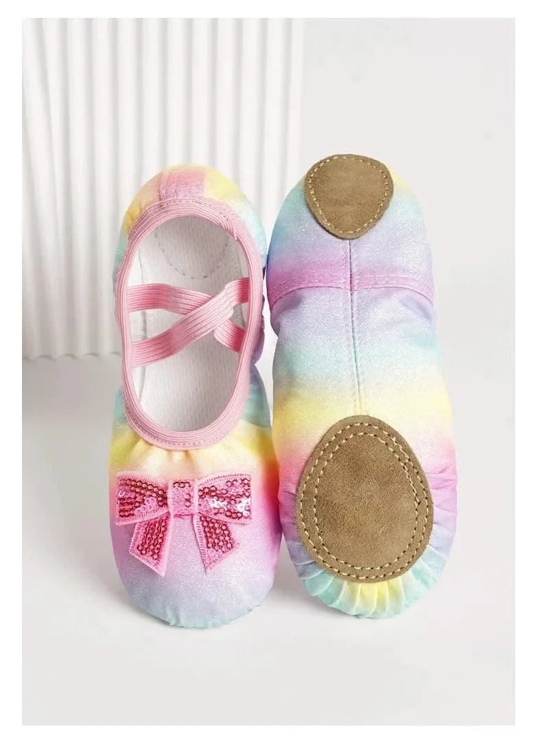 Children's Dance Shoes Girls Ballet Flats Shoes Rainbow Bow Sequins Leather Soft Soled Dance Performance Skate Sport Yoga Shoes