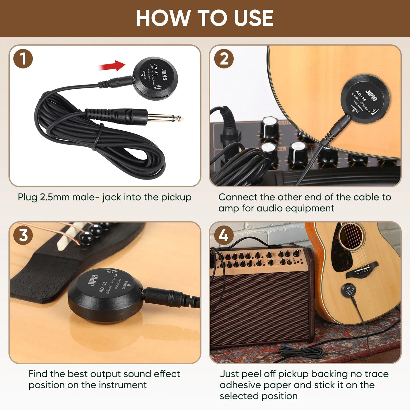 Acoustic Guitar Pickup for Guitar,Ukulele,Mandolin,Violin,Canjo,Kalimba,Drum,Surface-Adhesive Piezo Pickup with Volume Control