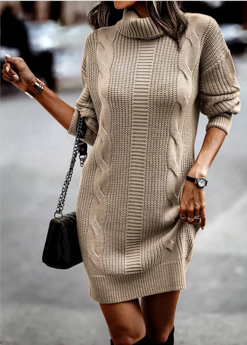 Fashion Turtleneck Wrap Hip Women Sweater Dress Solid Color Knitted Dresses Female Autumn Winter Casual Thickened Warm Mini Gown