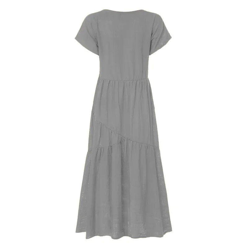 Cotton Linen Sexy V-neck Short Dress Summer New Women's Solid Color Multi-color Casual Loose Short Sleeved Mid Length Dress