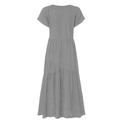 Cotton Linen Sexy V-neck Short Dress Summer New Women's Solid Color Multi-color Casual Loose Short Sleeved Mid Length Dress