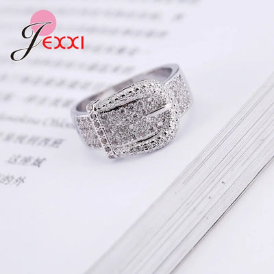925 Sterling Silver Jewelry Fashion Shiny Belt Ring Women Delicate Full Austrian White Crystal Inlay Paved Bijoux