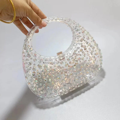 Diamond Women Bags Luxury Designer Handbags Rhinestones Box Transparent Acrylic Clutch Dresses Crescent Shoulder Crossbody Bag