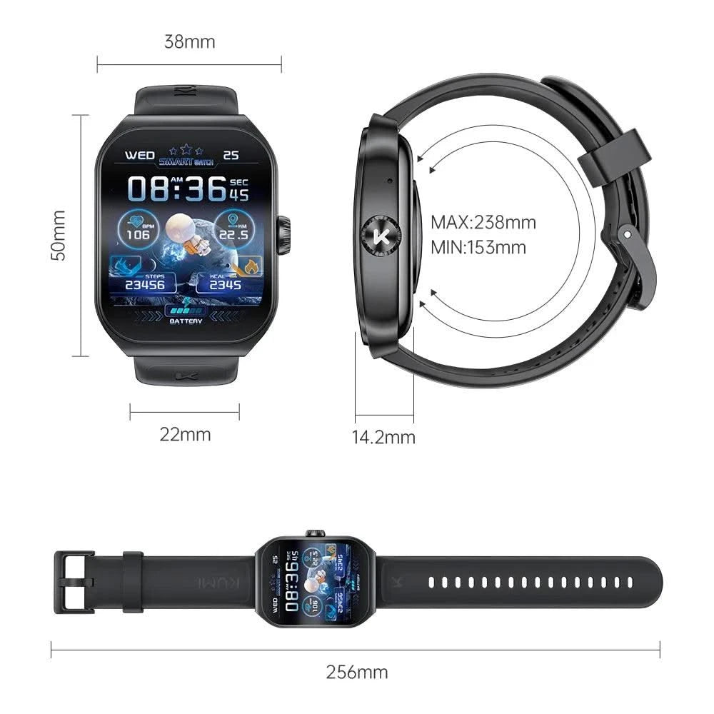 KUMI KU7 Smartwatch 1.96" AMOLED, AI Voice Assistant, Bluetooth Call, SOS Alert, 100+ Sports, Health Monitor