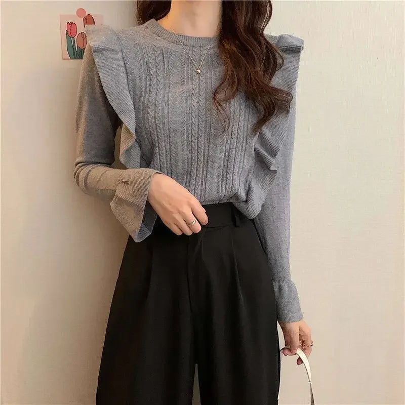 Ladies Sweaters Pullovers Round O Neck Grey Knitted Top for Women Jersey Winter 2025 Jumper Economics Long Sleeve Thermal Blouse