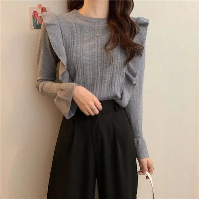 Ladies Sweaters Pullovers Round O Neck Grey Knitted Top for Women Jersey Winter 2025 Jumper Economics Long Sleeve Thermal Blouse