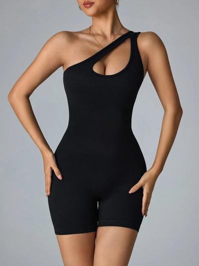 Women One Shoulder Sexy Jumpsuits Seamless Slim Short Bodysuit High Elastic Fitness Sport Yoga Clothes Black Knit Jumpsuit Woman