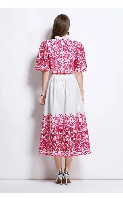 Summer Short Sleeve A-LINE Set Skirt for Women Fashion Ruffled Collar Embroidery Set Skirt Women Vestidos De Verano Mujer Q344